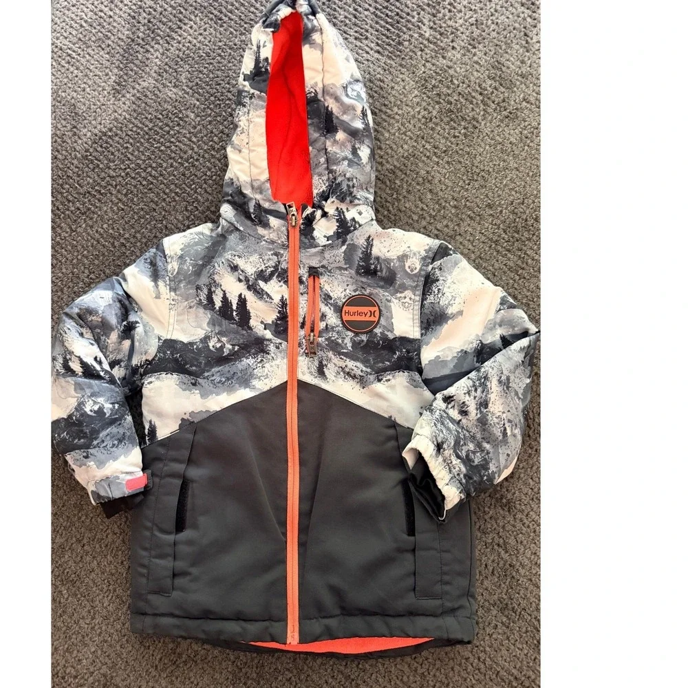 Hurley Puffer Jacket Kids XS 5/6 Gray Mountain Print Hooded Winter Coat Logo
